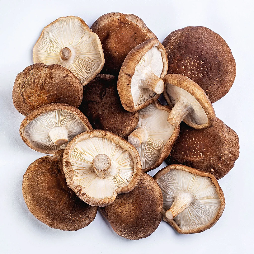 A pile of fresh shiitake mushrooms seen from above